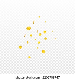 Indian rupee coins falling. Scattered gold INR coins. India money. Global financial crisis concept. Square vector illustration.