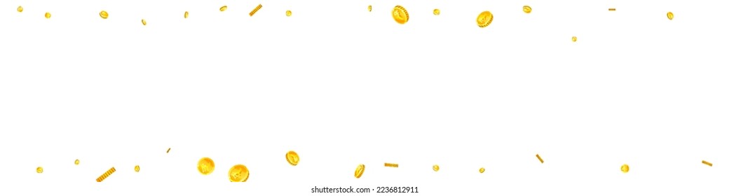 Indian rupee coins falling. Scattered gold INR coins. India money. Global financial crisis concept. Panoramic vector illustration.