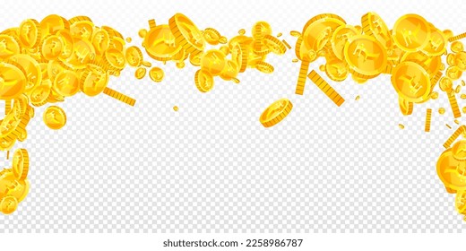 Indian rupee coins falling. Scattered gold INR coins. India money. Jackpot wealth or success concept. Wide vector illustration.