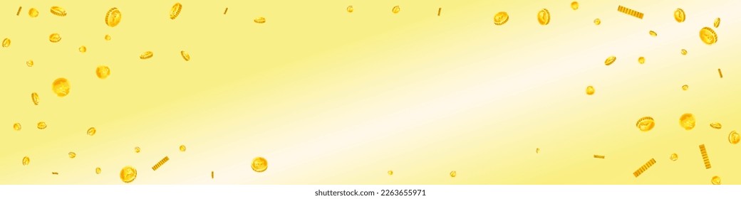 Indian rupee coins falling. Scattered gold INR coins. India money. Great business success concept. Panoramic vector illustration.