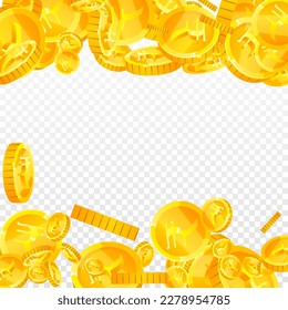 Indian rupee coins falling. Scattered gold INR coins. India money. Great business success concept. Square vector illustration.