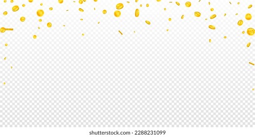 Indian rupee coins falling. Scattered gold INR coins. India money. Global financial crisis concept. Wide vector illustration.