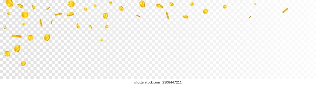 Indian rupee coins falling. Scattered gold INR coins. India money. Jackpot wealth or success concept. Panoramic vector illustration.