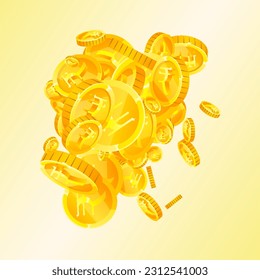 Indian rupee coins falling. Scattered gold INR coins. India money. Jackpot wealth or success concept. Square vector illustration.
