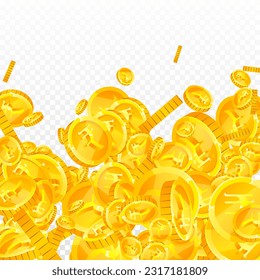Indian rupee coins falling. Scattered gold INR coins. India money. Global financial crisis concept. Square vector illustration.