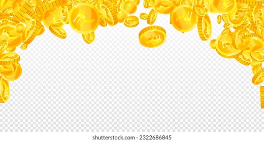 Indian rupee coins falling. Scattered gold INR coins. India money. Great business success concept. Wide vector illustration.