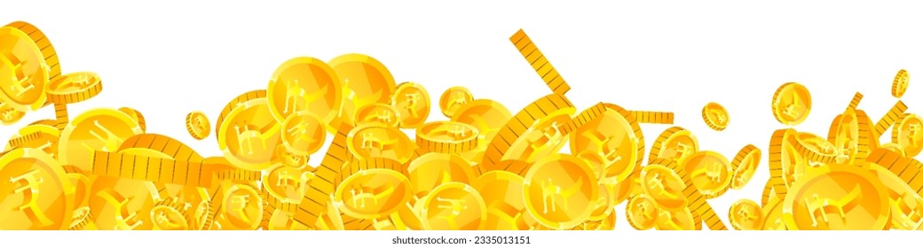 Indian rupee coins falling. Scattered gold INR coins. India money. Great business success concept. Panoramic vector illustration.