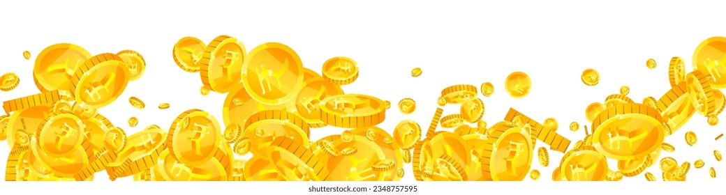 Indische Rupien-Münzen fallen. Geschlagene INR-Münzen aus Gold. Indien-Geld. Jackpot-Reichtum oder Erfolgskonzept. Panoramavektorgrafik.