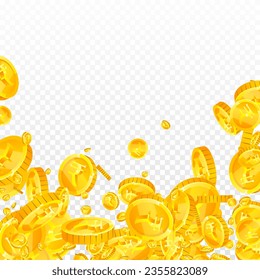 Indian rupee coins falling. Scattered gold INR coins. India money. Global financial crisis concept. Square vector illustration.
