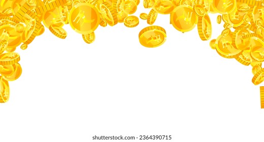 Indian rupee coins falling. Scattered gold INR coins. India money. Jackpot wealth or success concept. Wide vector illustration.
