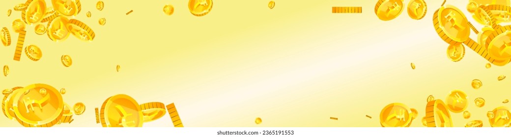 Indian rupee coins falling. Scattered gold INR coins. India money. Global financial crisis concept. Panoramic vector illustration.