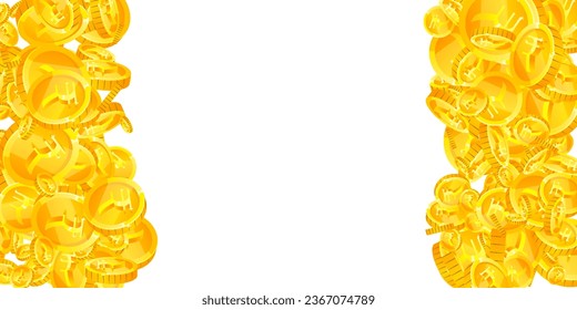 Indian rupee coins falling. Scattered gold INR coins. India money. Jackpot wealth or success concept. Wide vector illustration.