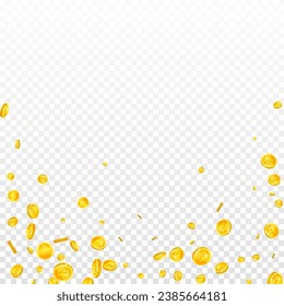 Indian rupee coins falling. Scattered gold INR coins. India money. Global financial crisis concept. Square vector illustration.