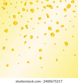 Indian rupee coins falling. Scattered gold INR coins. India money. Jackpot wealth or success concept. Square vector illustration.