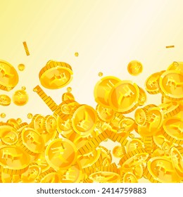 Indian rupee coins falling. Scattered gold INR coins. India money. Great business success concept. Square vector illustration.