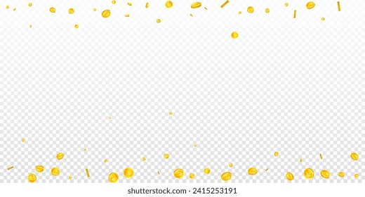 Indian rupee coins falling. Scattered gold INR coins. India money. Jackpot wealth or success concept. Wide vector illustration.