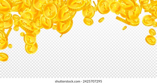 Indian rupee coins falling. Scattered gold INR coins. India money. Global financial crisis concept. Wide vector illustration.