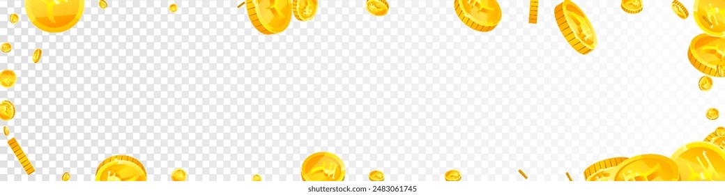Indian rupee coins falling. Scattered gold INR coins. India money. Great business success concept. Panoramic vector illustration.