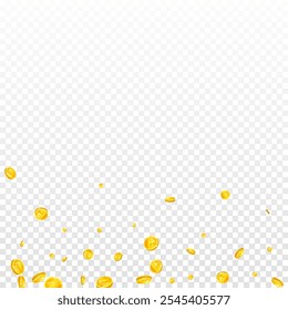 Indian rupee coins falling. Scattered gold INR coins. India money. Great business success concept. Square vector illustration.