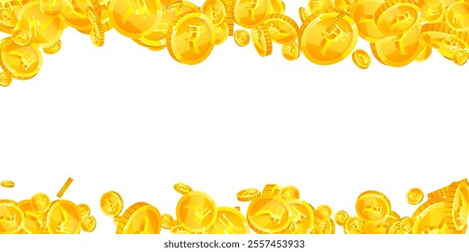 Indian rupee coins falling. Scattered gold INR coins. India money. Great business success concept. Wide vector illustration.