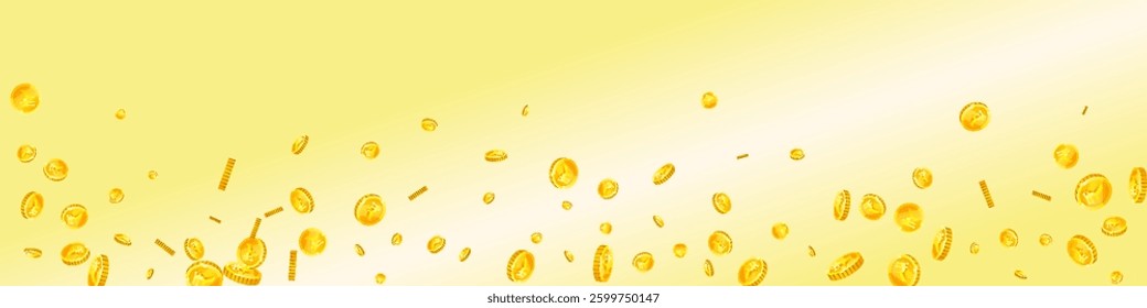 Indian rupee coins falling. Scattered gold INR coins. India money. Jackpot wealth or success concept. Panoramic vector illustration.