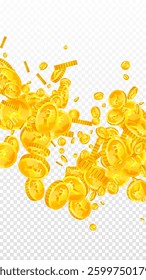 Indian rupee coins falling. Scattered gold INR coins. India money. Great business success concept. Vector illustration.
