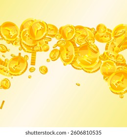 Indian rupee coins falling. Scattered gold INR coins. India money. Great business success concept. Square vector illustration.