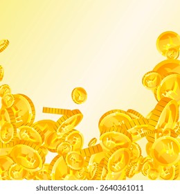 Indian rupee coins falling. Scattered gold INR coins. India money. Jackpot wealth or success concept. Square vector illustration.