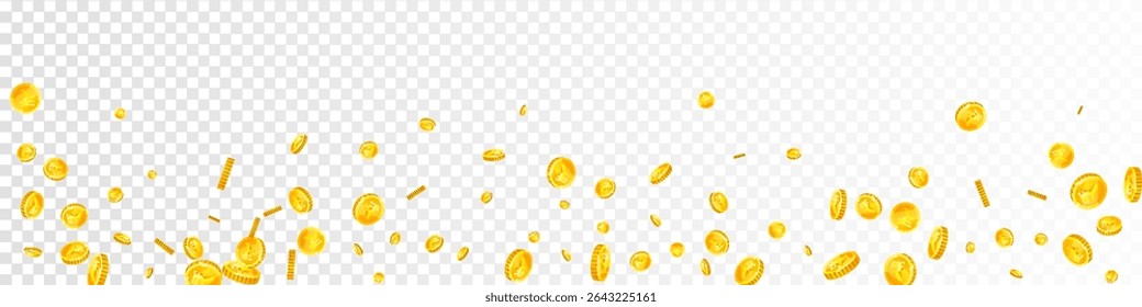 Indische Rupien-Münzen fallen. INR-Münzen aus verstreutem Gold. Indien Geld. Konzept der globalen Finanzkrise. Panorama-Vektorgrafik.