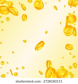 Indian rupee coins falling. Scattered gold INR coins. India money. Jackpot wealth or success concept. Square vector illustration.
