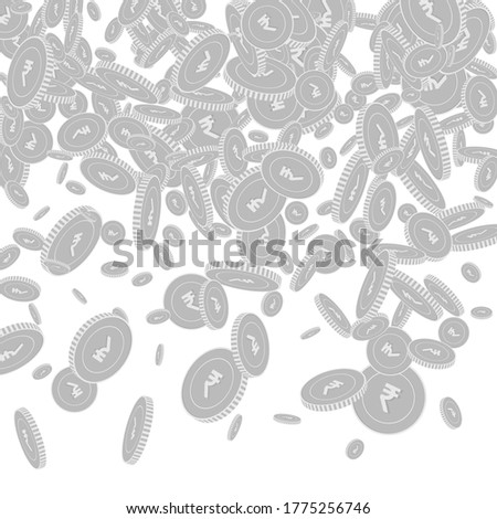 Indian rupee coins falling. Scattered black and white INR floating coins. Jackpot or success concept. Terrific top gradient vector illustration.