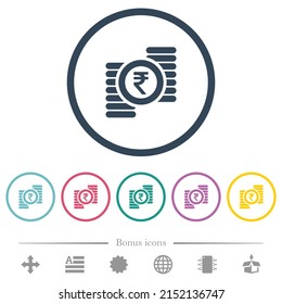 Indian Rupee Coins Flat Color Icons In Round Outlines. 6 Bonus Icons Included.