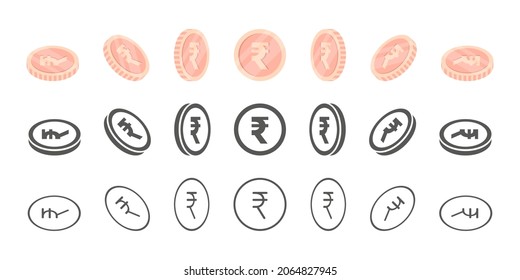 Indian Rupee Coins. Rotation of icons at different angles for animation. Coins in isometric. Vector illustration