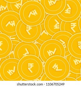Indian rupee coins seamless pattern. Exotic scattered INR coins. Big win or success concept. India chaotic shadow money pattern. Coin tile vector illustration.