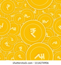 Indian rupee coins seamless pattern. Fancy scattered INR coins. Big win or success concept. India scattered shadow money pattern. Coin tile vector illustration.