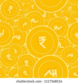 Indian rupee coins seamless pattern. Fair scattered INR coins. Big win or success concept. India scattered flat money pattern. Coin tile vector illustration.
