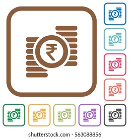 Indian Rupee coins simple icons in color rounded square frames on white background