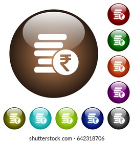 Indian Rupee coins white icons on round color glass buttons