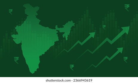 Indian Rupee Currency Growth with map of India. Indian Currency Rupee Rising Upward Graph arrow. Indian GDP Growth INR Growth, Indian Economy Growth increase