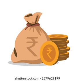 Indian Rupee currency icons with money bag, gold coins, banknotes, wealth, finance, economy, and banking illustration.