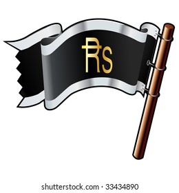 Indian Rupee currency symbol on black, silver, and gold vector flag good for use on websites, in print, or on promotional materials