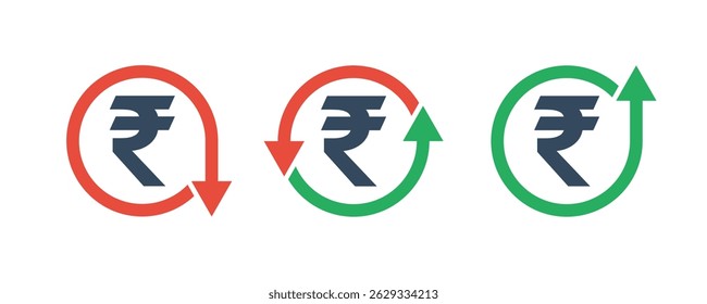 indian rupee currency symbol and round arrows up down, change costs marker, inflation growth or fall inflation indicator, tax up or down icon
