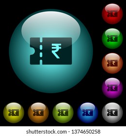 Indian Rupee discount coupon icons in color illuminated spherical glass buttons on black background. Can be used to black or dark templates