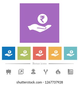 Indian Rupee Earnings Flat White Icons In Square Backgrounds. 6 Bonus Icons Included.