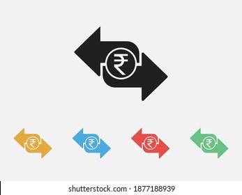 Indian rupee exchange icon, rupee currency symbol. Money symbol, vector cash illustration. Exchange arrows with rupee icon. Set of colorful flat design icons