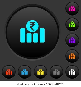 Indian Rupee financial graph dark push buttons with vivid color icons on dark grey background