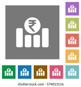 Indian Rupee financial graph flat icons on simple color square backgrounds