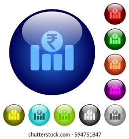 Indian Rupee financial graph icons on round color glass buttons