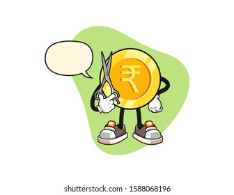 Indian rupee gold coin barber with speech bubble cartoon. Mascot Character vector.