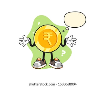 Indian rupee gold coin confused with thought bubble cartoon. Mascot Character vector.